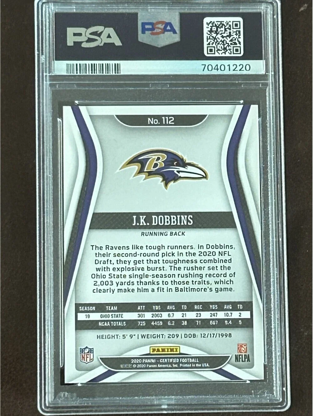 2020 JK DOBBINS ROOKIE PANINI CERTIFIED MIRROR ORANGE #’d /199 PSA GRADED 10 RC